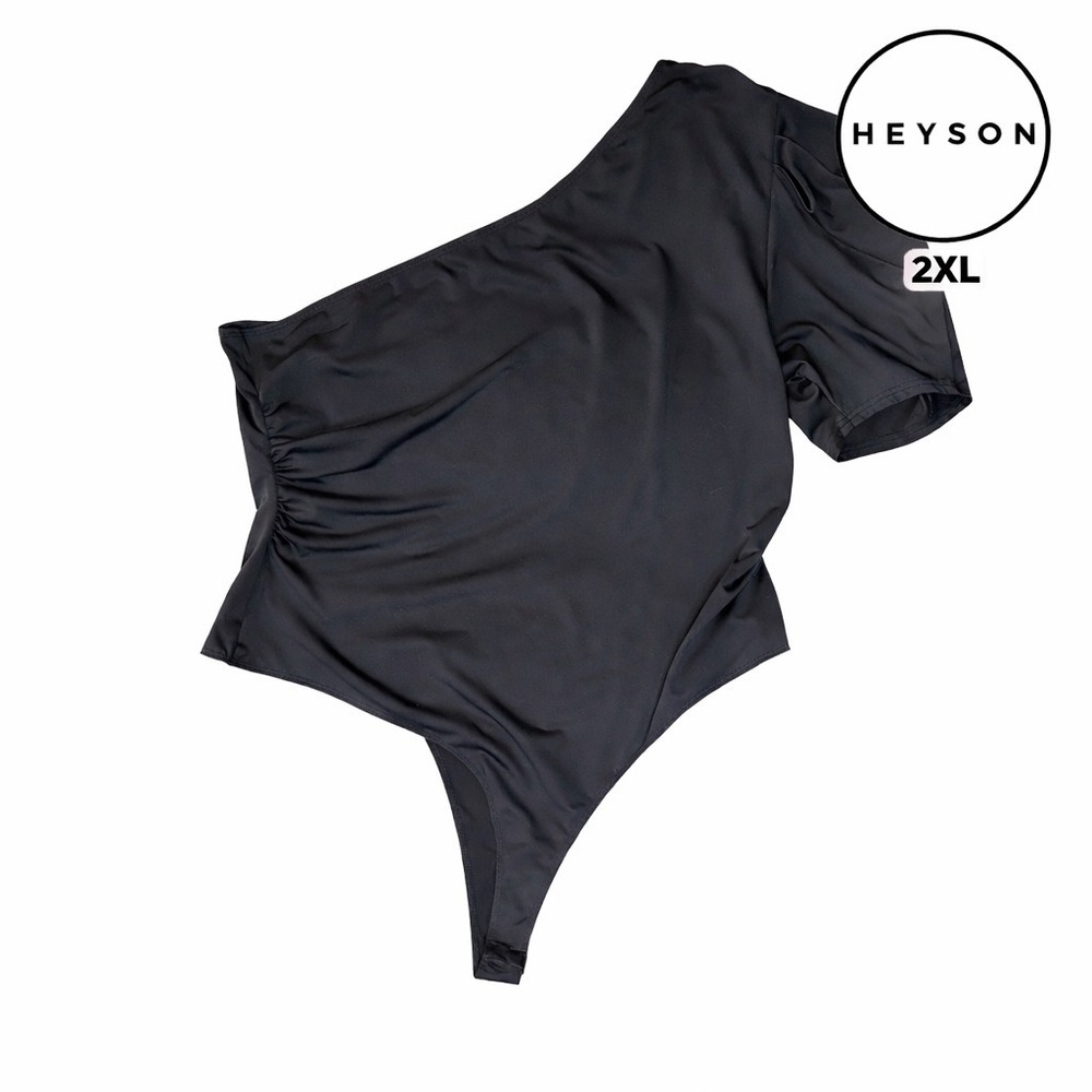 Heyson Womens One Shoulder Puff Sleeve Bodysuit Black EB1040P Size 2XL